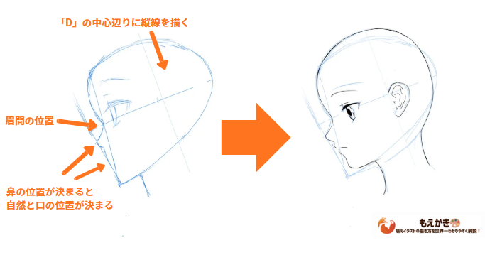 補助線を元に輪郭や鼻、口を入れたのが下のイラスト