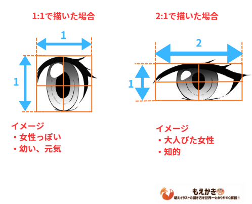 1:1と1:2で描いた目の比率