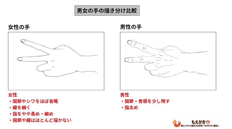 男女の手の描き分け比較ポイント
