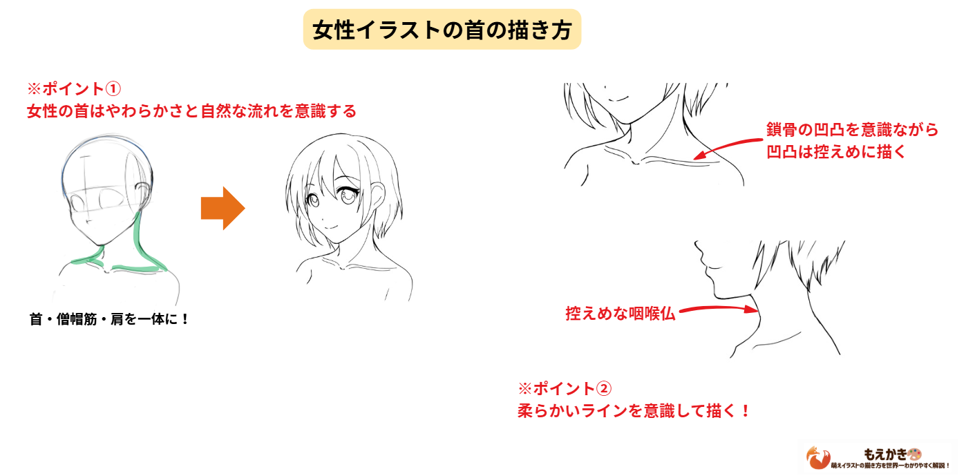 女の子イラストの首の描き方：正面・斜めや首から下部分も合わせて解説！